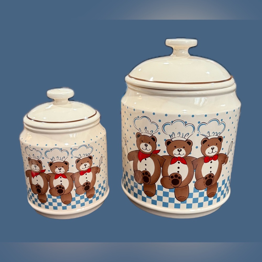 Vintage Set Of 2 B&D Chef Bears Ceramic Canisters Containers With Lid Cream Blue